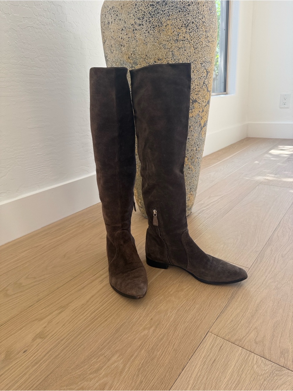 PRADA Pointed Toe, Flat Knee High Boots brown suede side zip 9.5 $1600